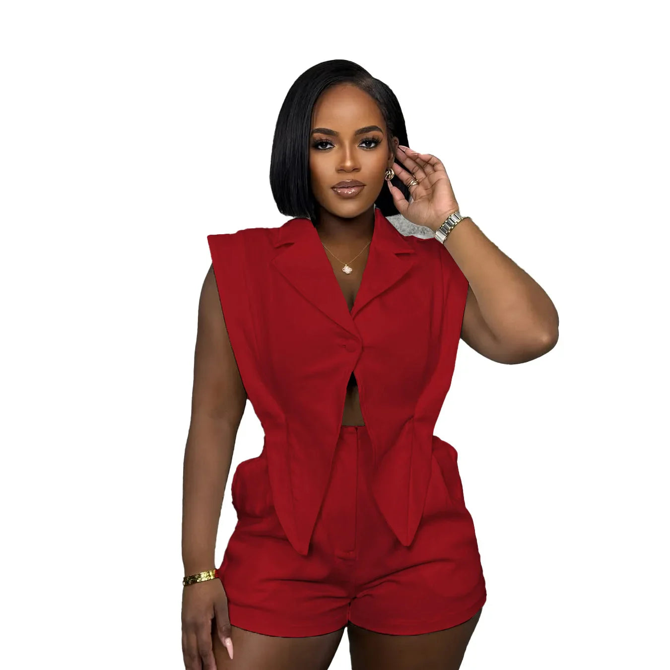 CM.YAYA Women Sleeveless High Waist Hollow Out Short Playsuits Jumpsuit Streetwear Irregular 2025 One Piece Suit Romper Outfits Red