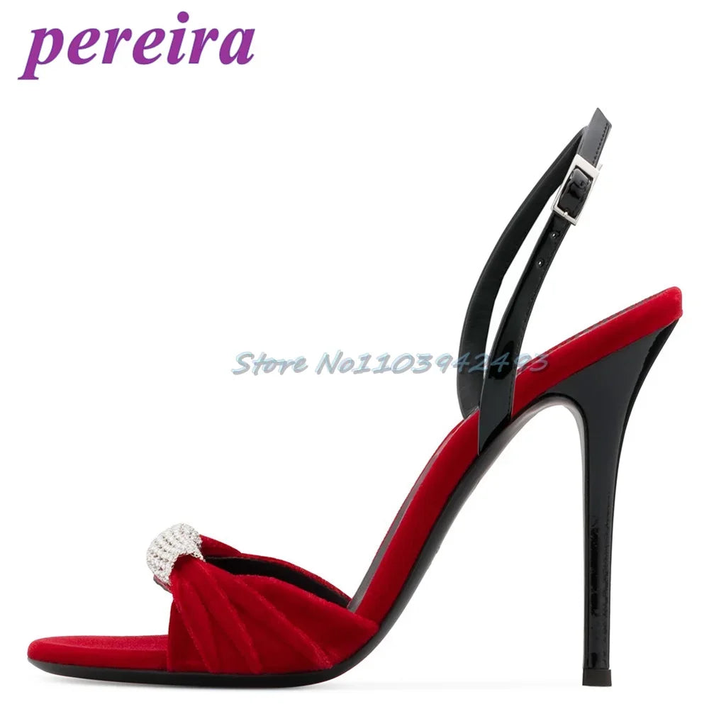 Red Rhinestones Velvet Heeled Sandals Shallow Back Strap High Heels Slip On Women Luxury Designer Shoes 2025 Open Toe Zapatos