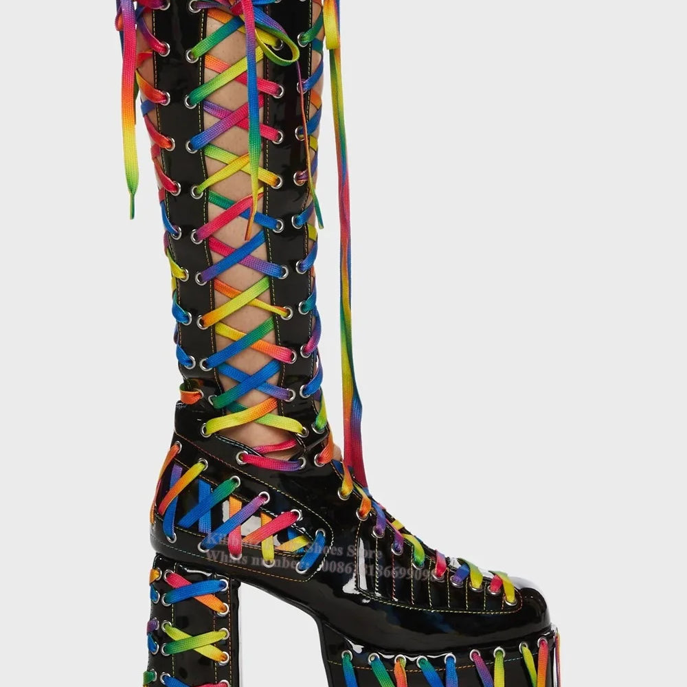 Round Toe Square Heel Platform Knee-High Boots Mixed Color Cross-Tied Patent Leather Side Zipper Super High Sexy Shoes Hot Girls