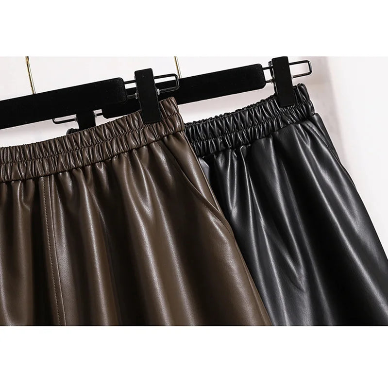 Large Size 4XL Black Long Vintage Faux Leather Skirt Women Autumn Winter Fashion A-Line Skirt Female Elegant PU Skirt