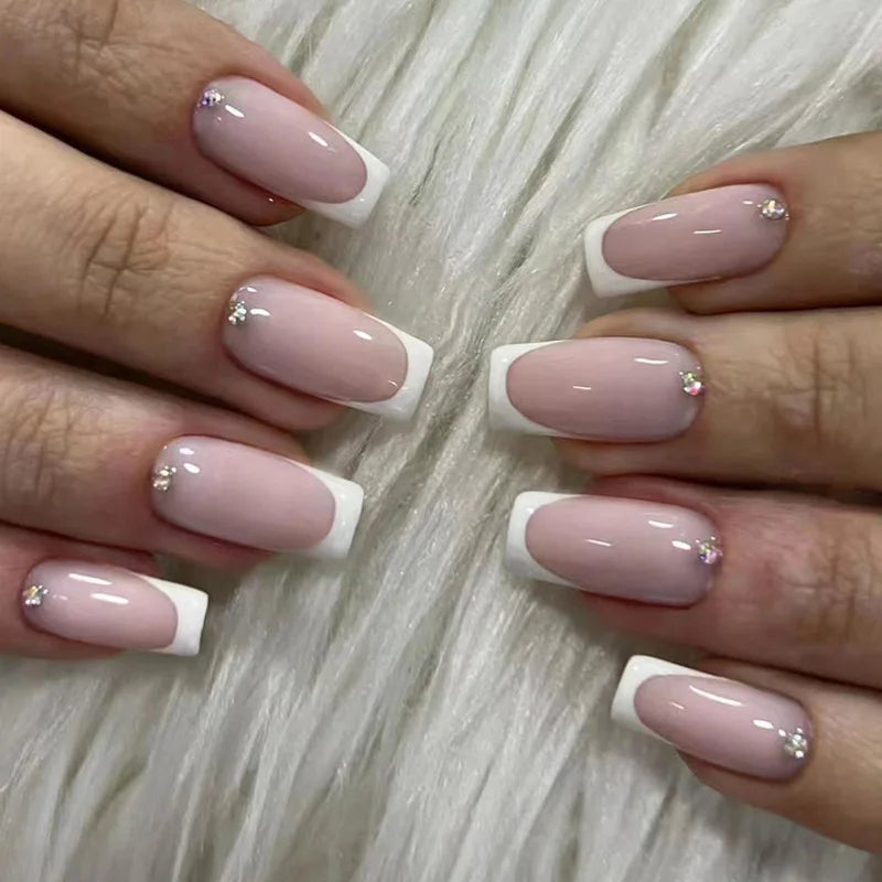 24Pcs Golden Lines Design Fake Nails Short Square Head Press on False Nails Double-layer French Reusable Full Cover Nail Tips