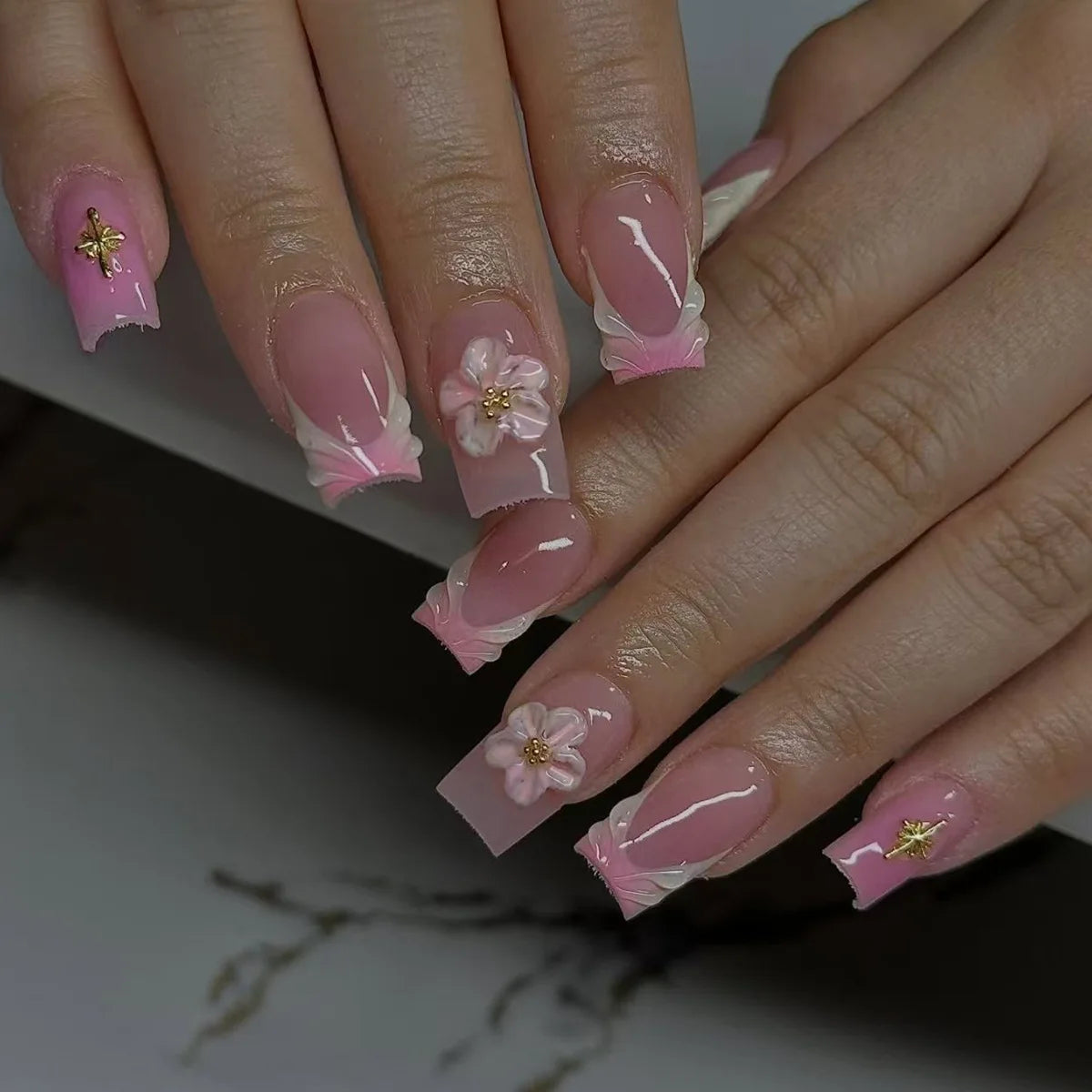 24pcs/set Short Medium fake nails for women girls 3D cute pink bow flowers leopard french square almond tips press on false nail