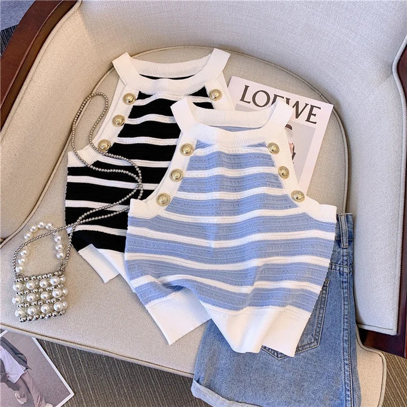 Halter Slim Striped Knitted Vests Women Crop Tops Summer Sleeveless Gold Buttons Knitwear Sexy Elegant Streetwear Vests