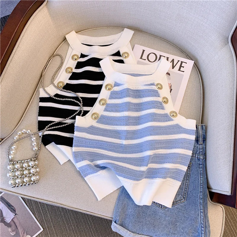 Halter Slim Striped Knitted Vests Women Crop Tops Summer Sleeveless Gold Buttons Knitwear Sexy Elegant Streetwear Vests