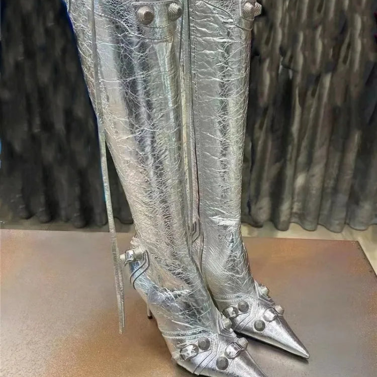 Paris Station Fashion Women's Boots Denim Pointed High Heel Boots Sexy Rivet Boots Show Party Over Knee 46 Large Boots silvery