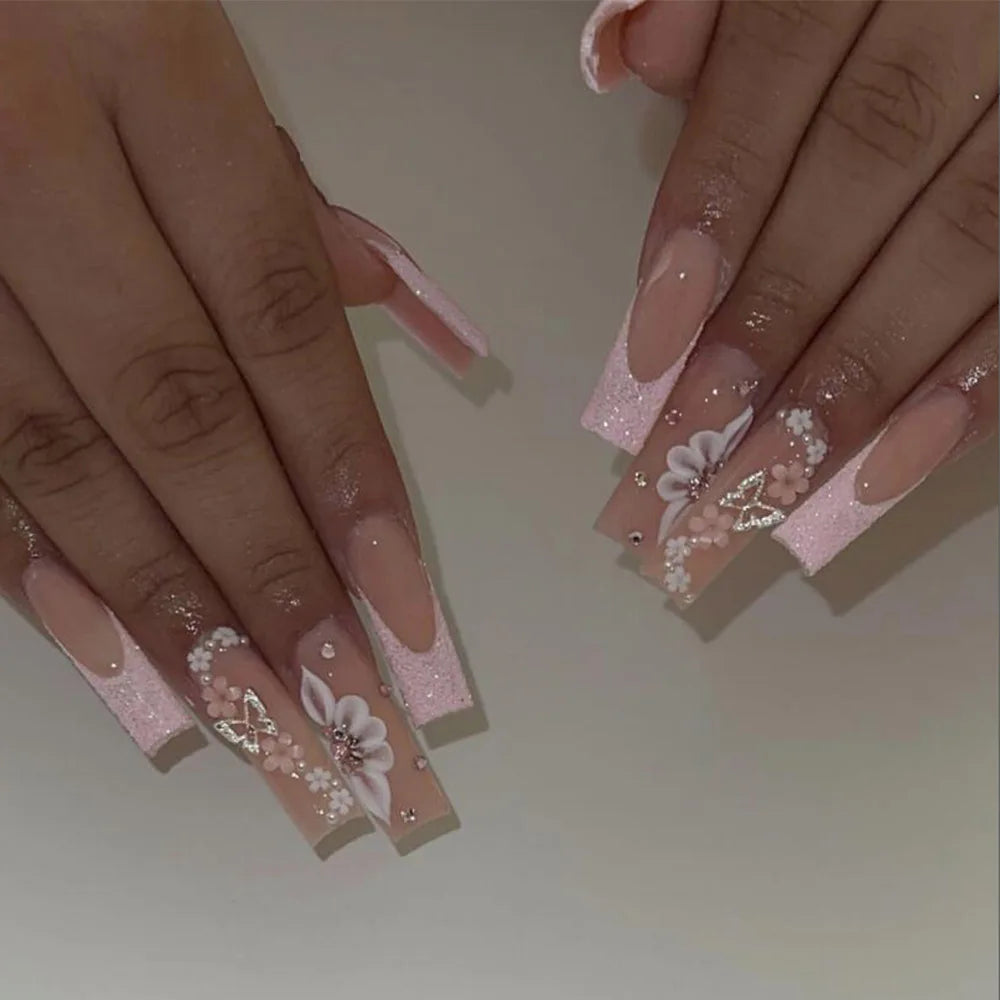 24Pcs Long Ballet False Nails with Butterfly Rhinestone Design Coffin French Fake Nails Purple Press on Nails Wearable Nail Art