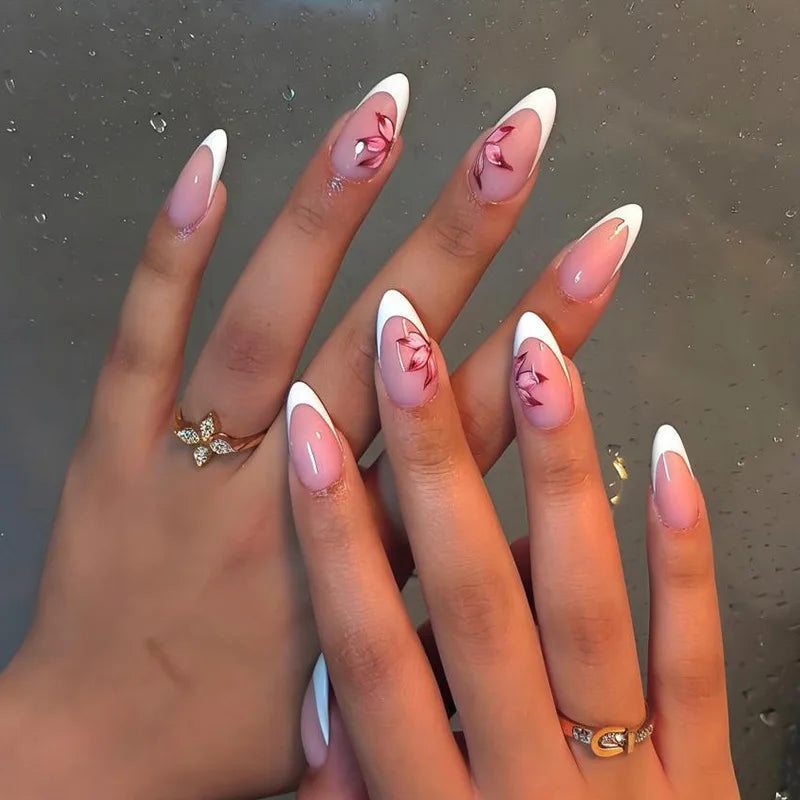 24Pcs Mid-length Almond False Nails with Red Pink Dot Design Press on Fake Nails for Woman Detachable Full Cover Nails Tips Art