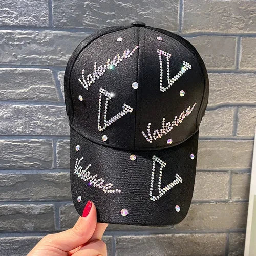 Women with Diamond Hat Spring and Autumn Sun Protection Cap Small Letter Rhinestones Summer Fashion Baseball Cap black 55-58cm