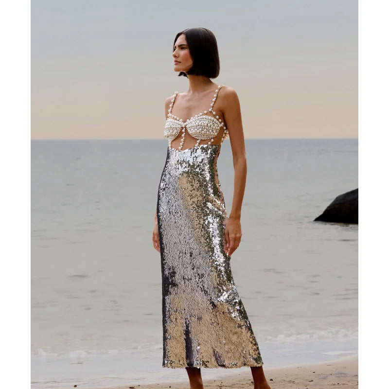 Fashionable Haute Couture  Woman Evening Dress  Pearl Sliver Sequins Spaghetti Strap Long Dress  Celebrity Birthday Party Outfit