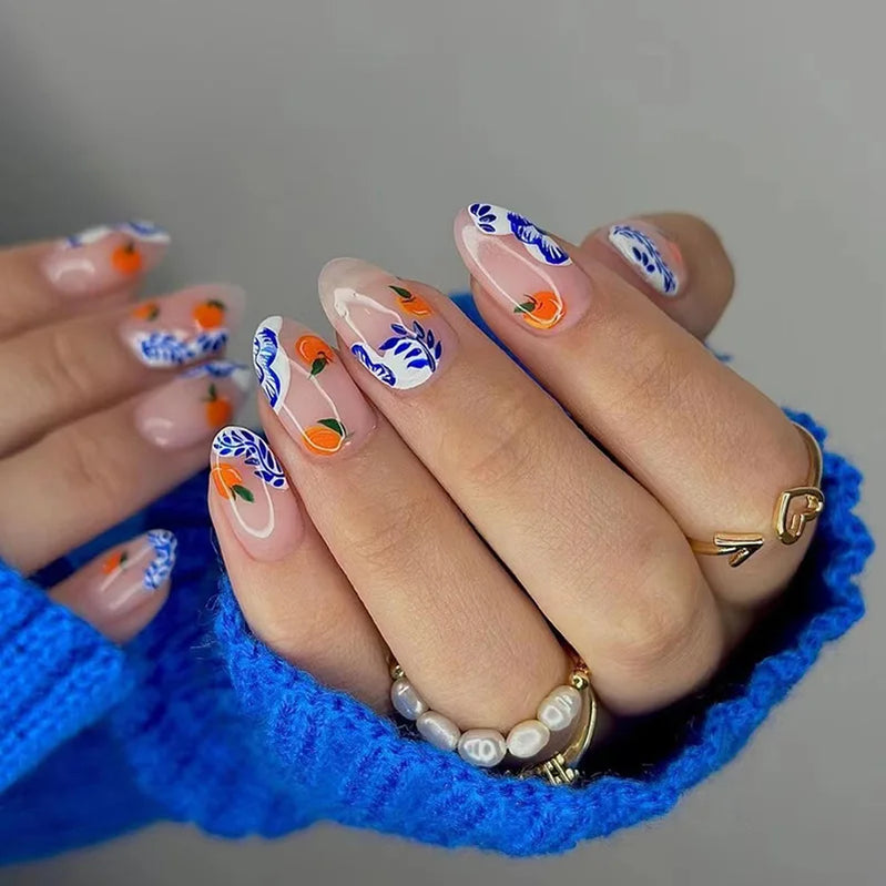 24pcs Cute Fruit False Nail Short Persimmon Orange Printed Press on Nail Manicure Patch Full Cover Detachable Acrylic Nail Tips