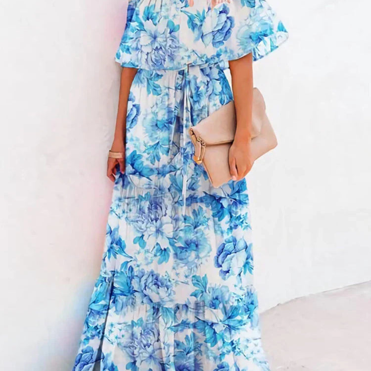 Multicolored Bohemian Ruffled Off Shoulder Self Belted Party Dress Cotton Tunic Women Boho Maxi Dresses Vestidos A324 Blue