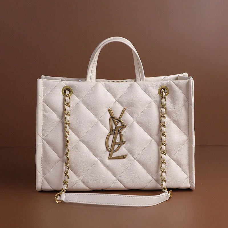 2025 New Women Genuine Leather Quilted Chain Tote Bag, Large Capacity Crossbody Sling Chic Shoulder Purse for Work and Travel