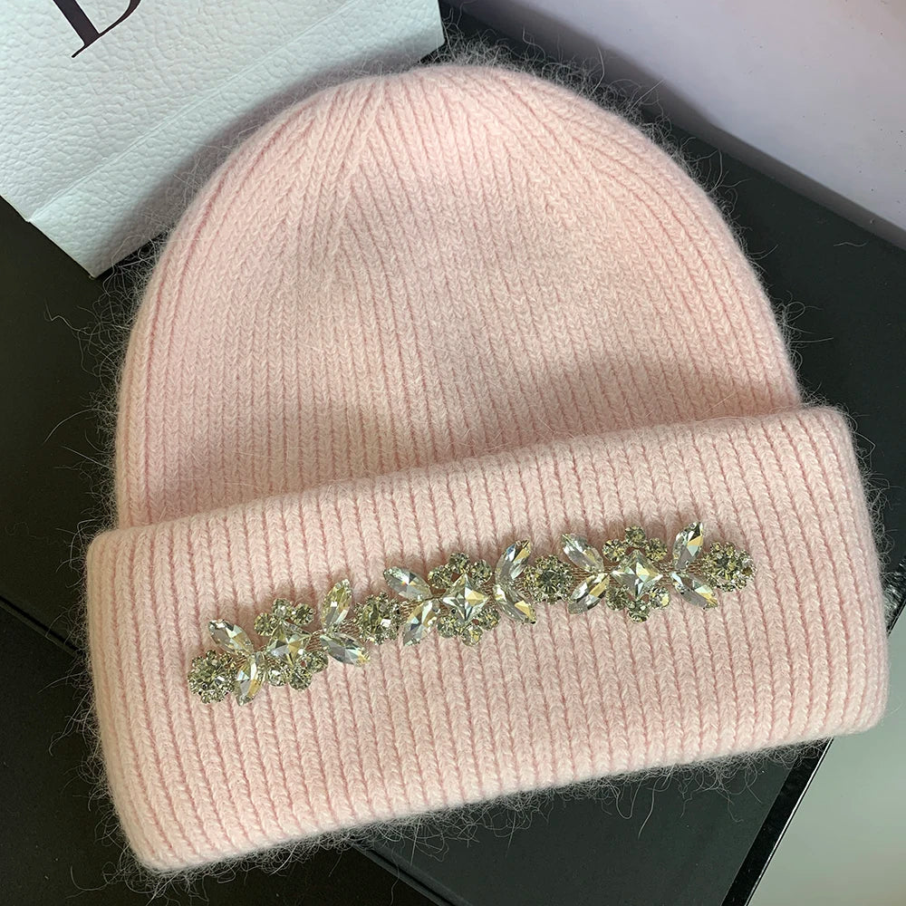 Real Rabbit Fur Knitted Hats for Women Winter Warm Beanie Luxury Rhinestones Bonnet Lady Outdoor Skiing Skullies Beanies Caps pink