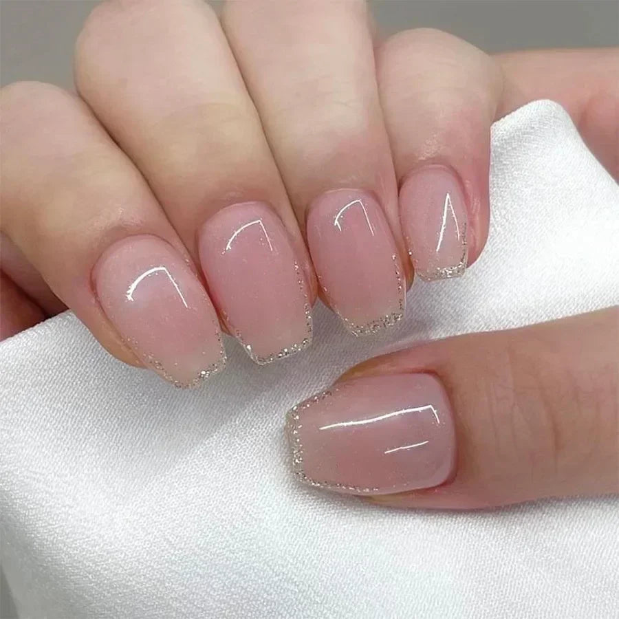 24Pcs Medium Short Square False Nails Glittering Nail Art White Wearable Fake Nail Silver French Full Cover Press on Nail Tips