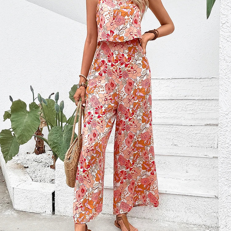 Elegant Long Jumpsuit Women Sexy Backless Wide Leg Jumpsuits Casual Sleeveless Floral Rompers Summer Clothes For Woman 2023 New