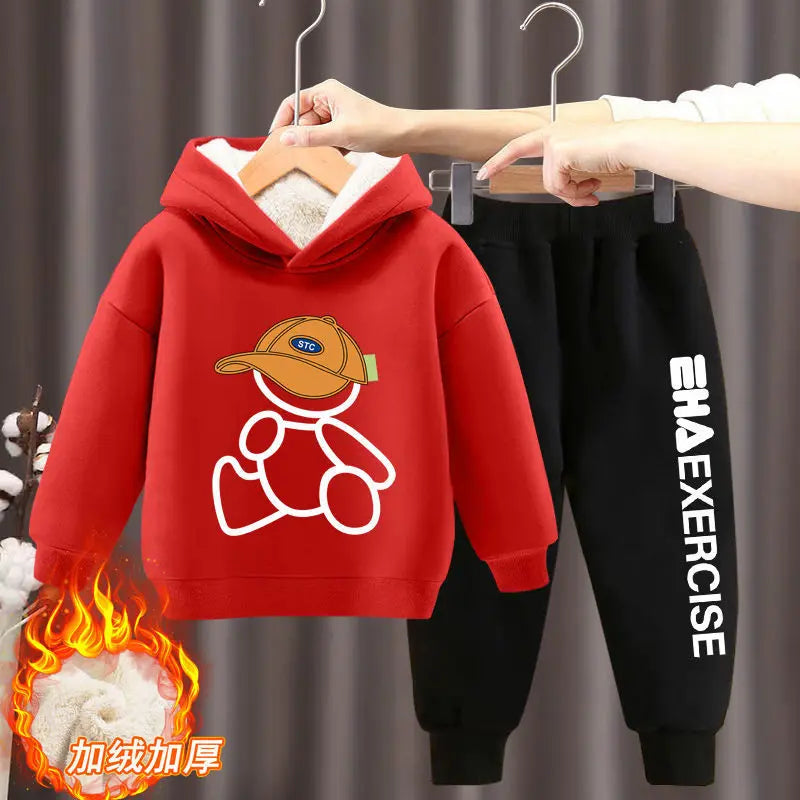 Boys Girls Clothes Hoodies Trousers Sets New Kids Cartoon Autumn Winter Long Sleeve Fleece Warm Sweatshirts Outfits 2Pcs 2-12Y 2pcs Red A