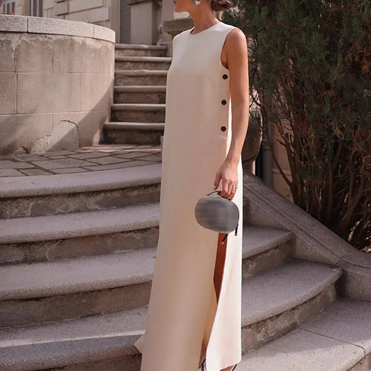 Elegant Sleeveless Button Split Midi Dress Women Summer Casual Round Neck Loose Vestidos Female Fashion High Street Beach Robes