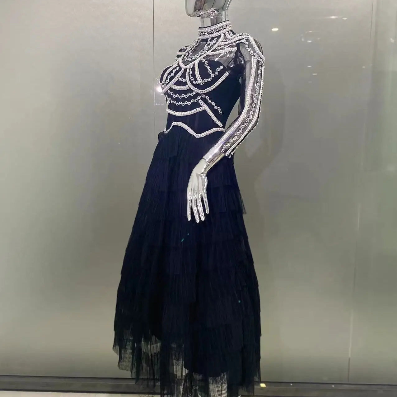 Elegant Red Carpet Evening Party Dress Women Long Sleeve Sexy Shinning Crystal Pearl Beading Ball Gown Long Dress 2024 New Style