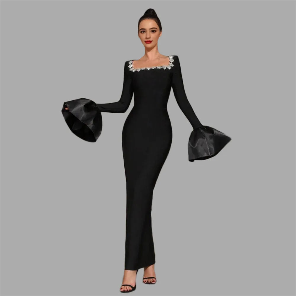 High Quality Women Long Sleeve Sexy Square Collar Shinning Crystal Bodycon Long Bandage Dress Celebrate Evening Party Outfit