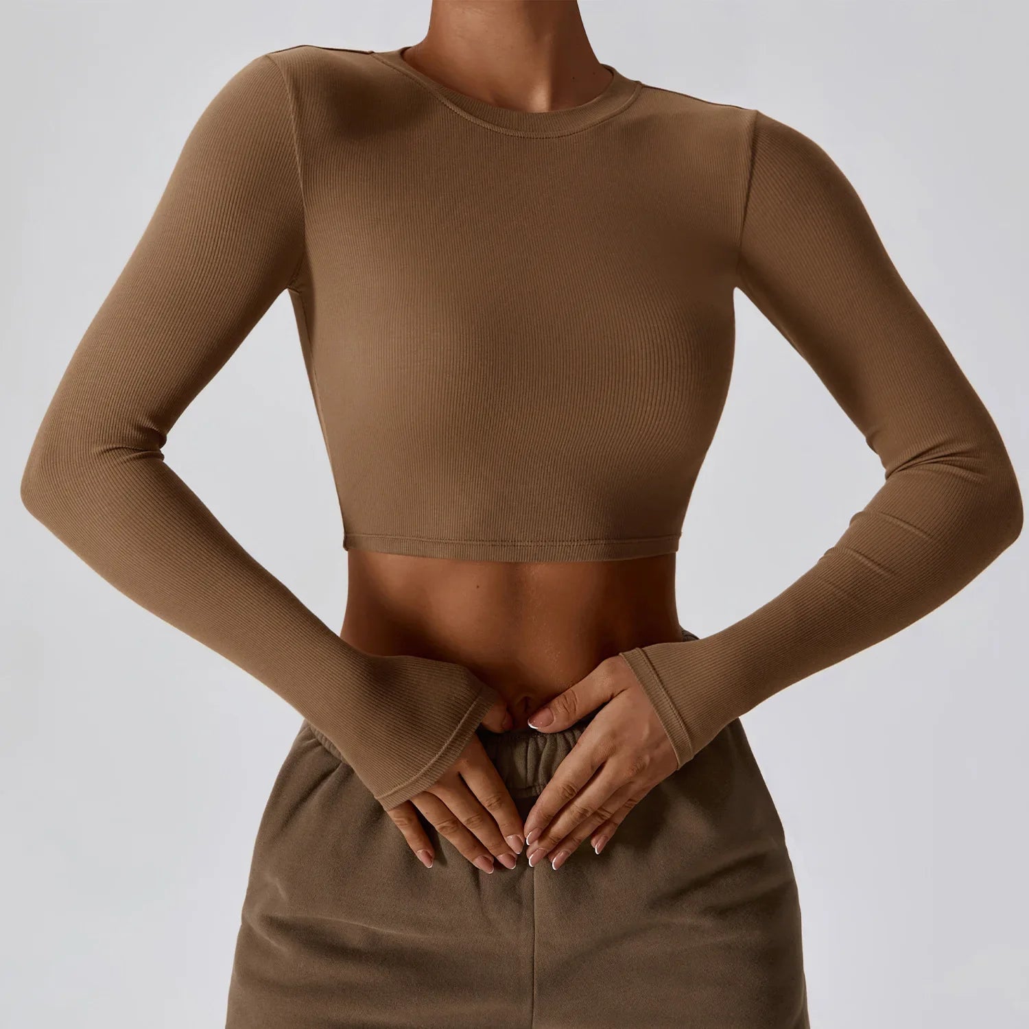 VITALINOVO Ribbed Crew Neck Cropprd Gym Tee Shirt Lightweight Basic Crop Tops Slim Fit Long Sleeve Workout Shirts for Women Mocha Brown