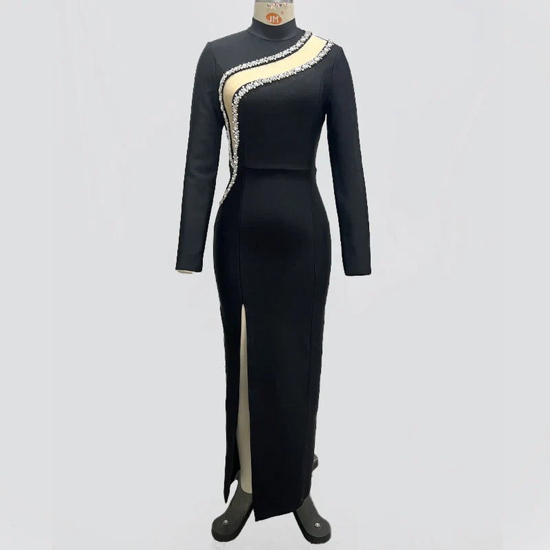 Black Color  Women Long Sleeve Shinning Crystal Bodycon Bandage Long Dress Fashion Evening Party Celebrate Dress