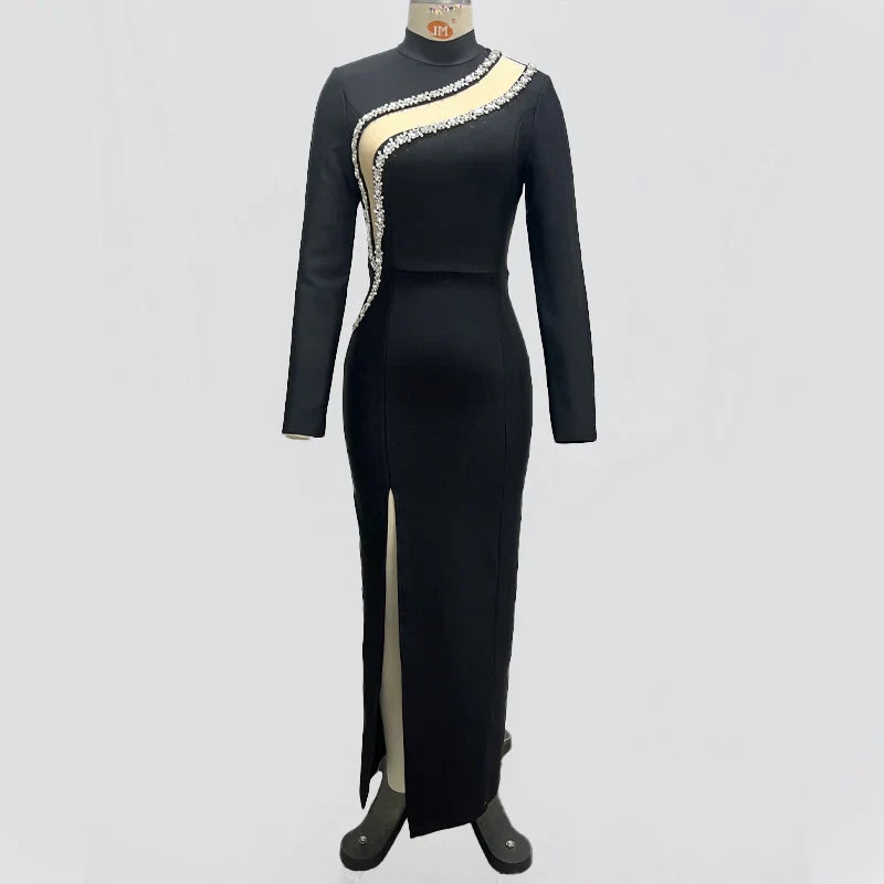 Black Color  Women Long Sleeve Shinning Crystal Bodycon Bandage Long Dress Fashion Evening Party Celebrate Dress