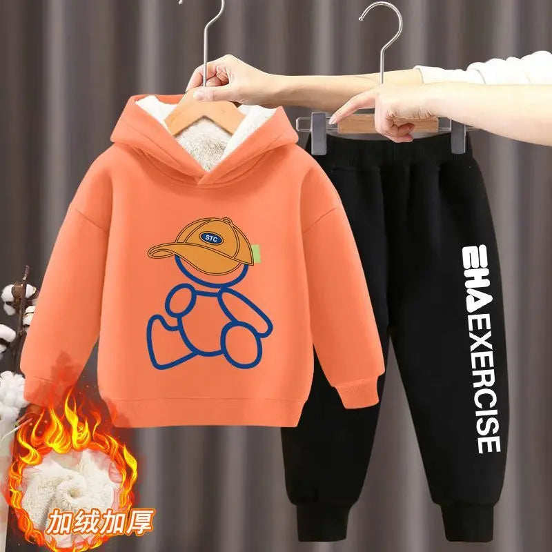Boys Girls Clothes Hoodies Trousers Sets New Kids Cartoon Autumn Winter Long Sleeve Fleece Warm Sweatshirts Outfits 2Pcs 2-12Y 2pcs Orange A