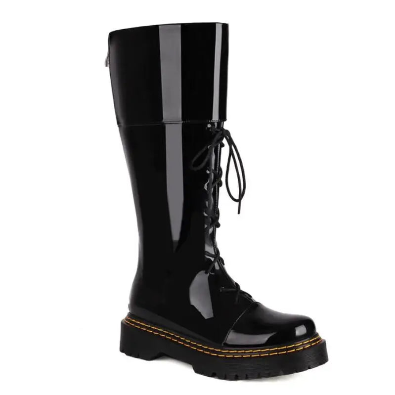 Autumn Winter New Fashion Artificial Leather Mid calf Low Heeled Lace Motorcycle Boots Black Martin Boots Women's Shoes Big Size