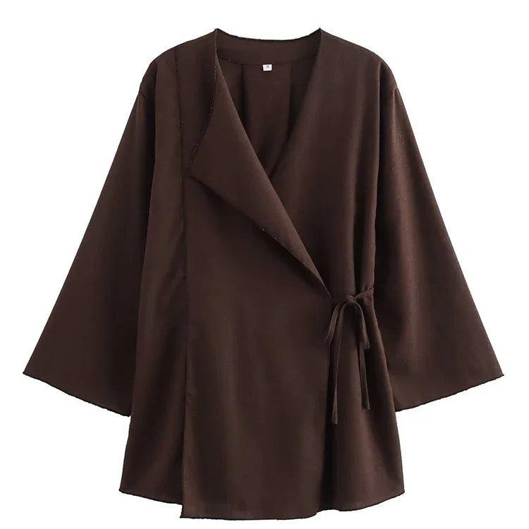 TRAF Fashion Linen 2 Pieces Women 2024 Spring Summer Kimono Style Loose Lace Up Shirts Tops Women's Wide Leg Pants Sets