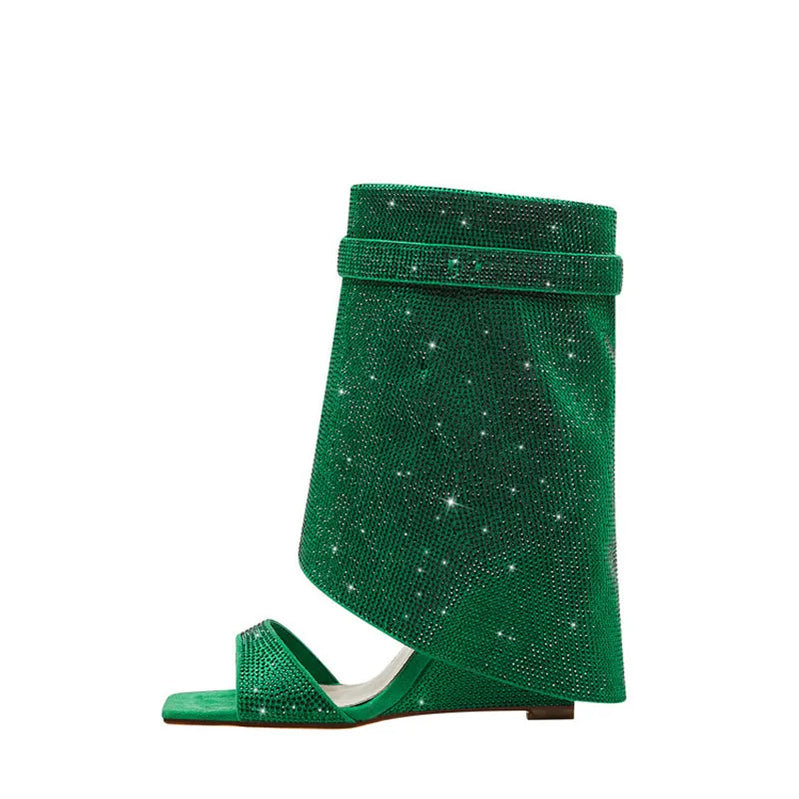 Summer New Rhinestone Cool Boots Fashion Square Head Side Zipper Open-toe Women's Short Boots Fashion Show Sexy Leg Boots