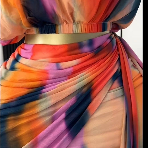 CM.YAYA Tie Dye Printed Women's Set Ruched Short Sleeve T-Shirt Tops and Stacked Mini Skirts Suit 2025 Two 2 Piece Sets Outfit