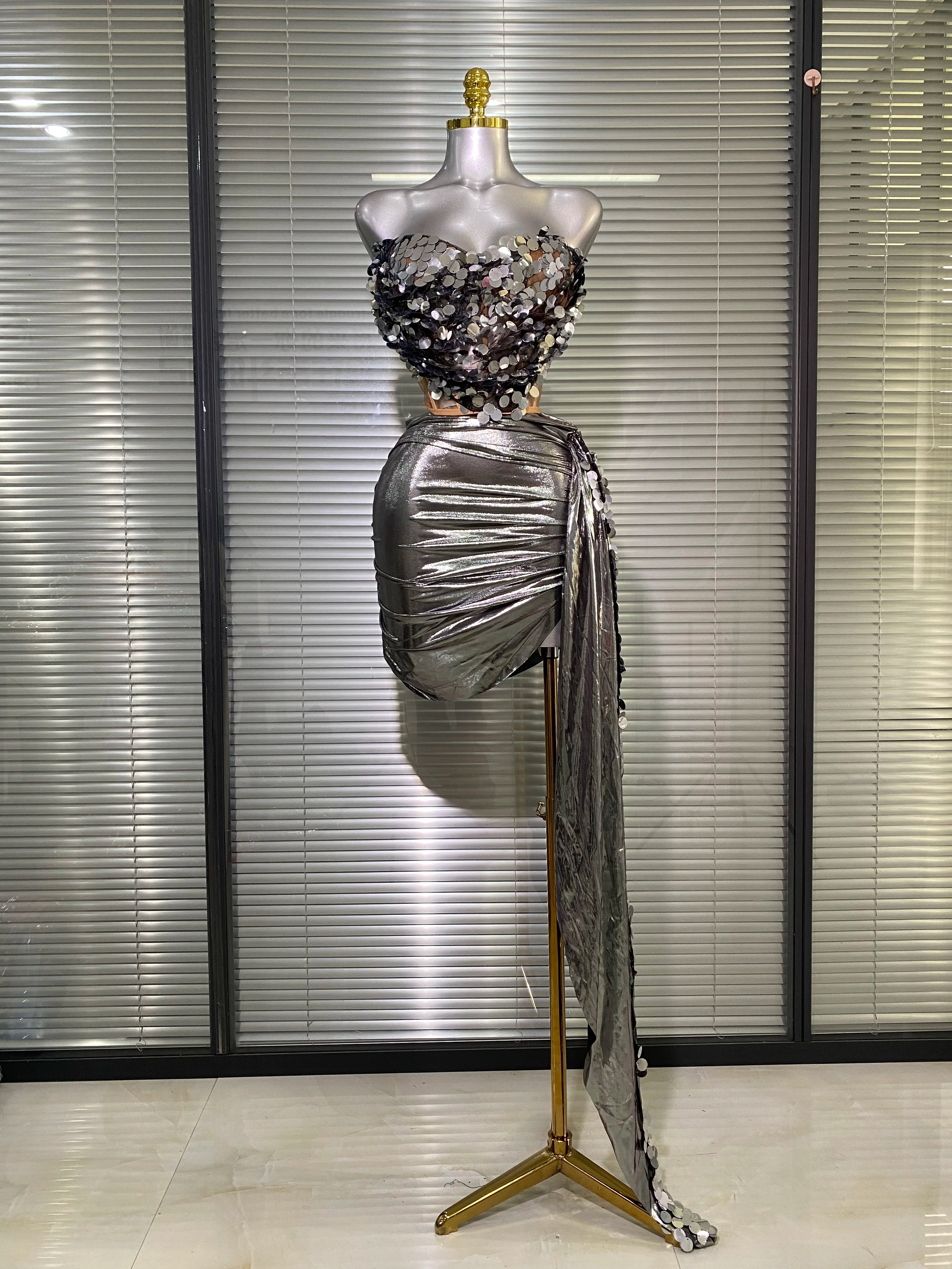 Women Sexy Sequins Blue Two Pieces Set Colorful Crystal Diamonds Night Club Sparkly Skirt Suits Singer Dancer Stage Costume