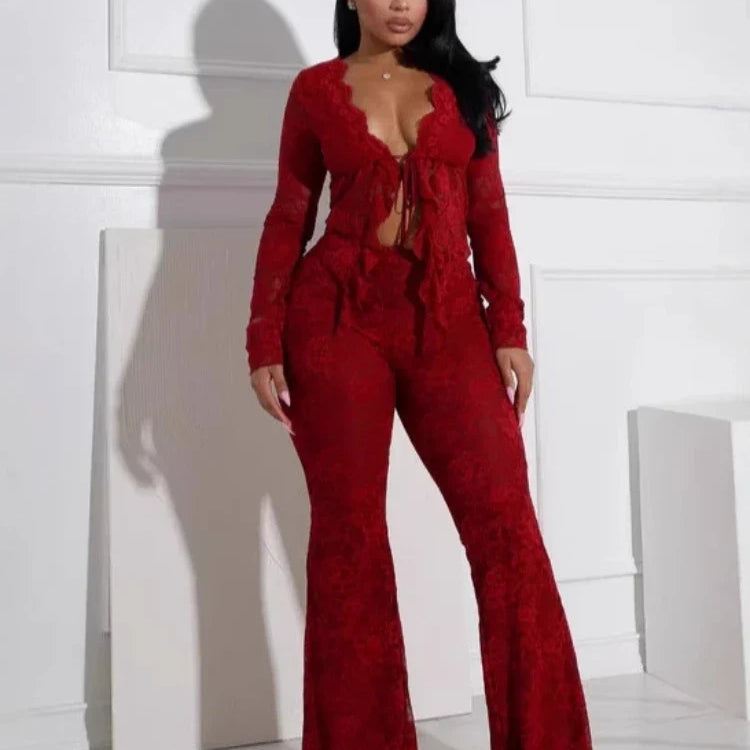 CM.YAYA 2025 Women's Set Long Sleeve Lace See Through Shirt + Long Pants Street Evening Sexy Two 2Piece Sets Outfits Tracksuit