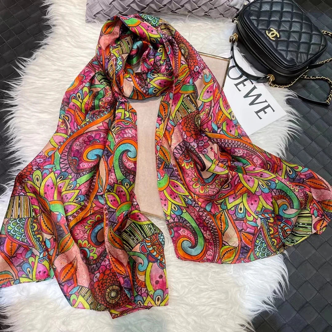 Ladies Green 100% Silk Scarf Shawl Winter Rose Design Women Pure Silk Scarves Wraps Fashion Beach Shawl Cover Ups Pink Scarf black coffee plaid