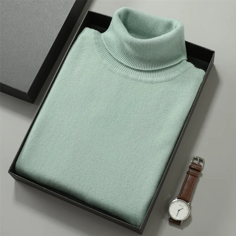 100% Cashmere Turtleneck Men Pullovers Autumn Winter Soft Light Warm Rolled Neck Jumper Jersey Pull Homme Knitted Sweater Turquoise