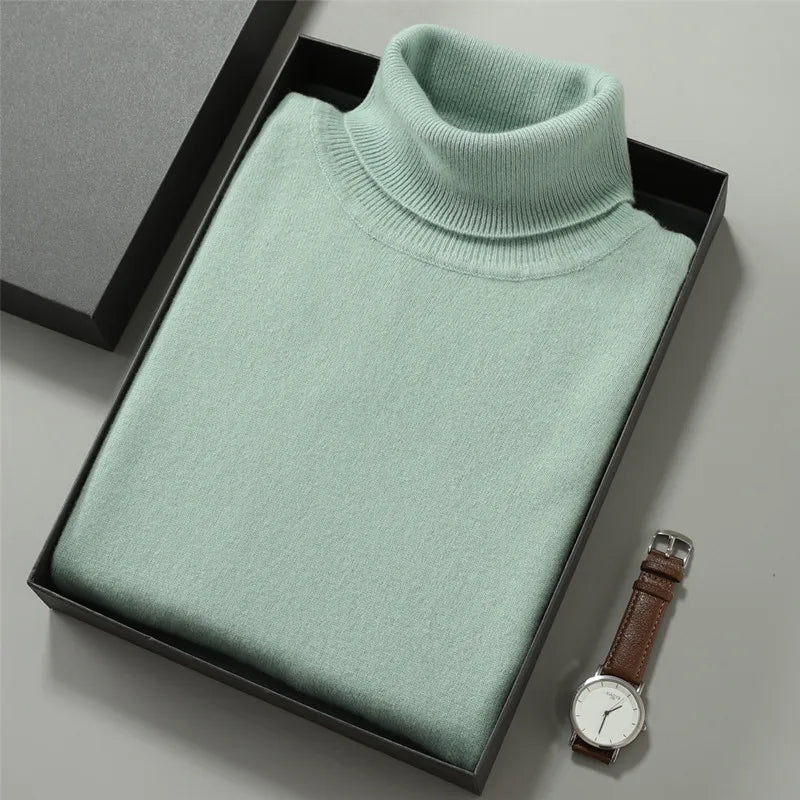 100% Cashmere Turtleneck Men Pullovers Autumn Winter Soft Light Warm Rolled Neck Jumper Jersey Pull Homme Knitted Sweater Turquoise
