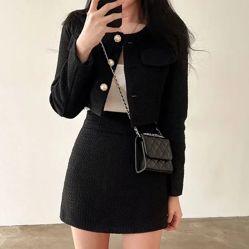 Elegant Tweed Jackets for Women Suits Autumn Winter Korean Fashion Y2k Long Sleeve Buttons Crop Coats + Skirt Suit Sets black