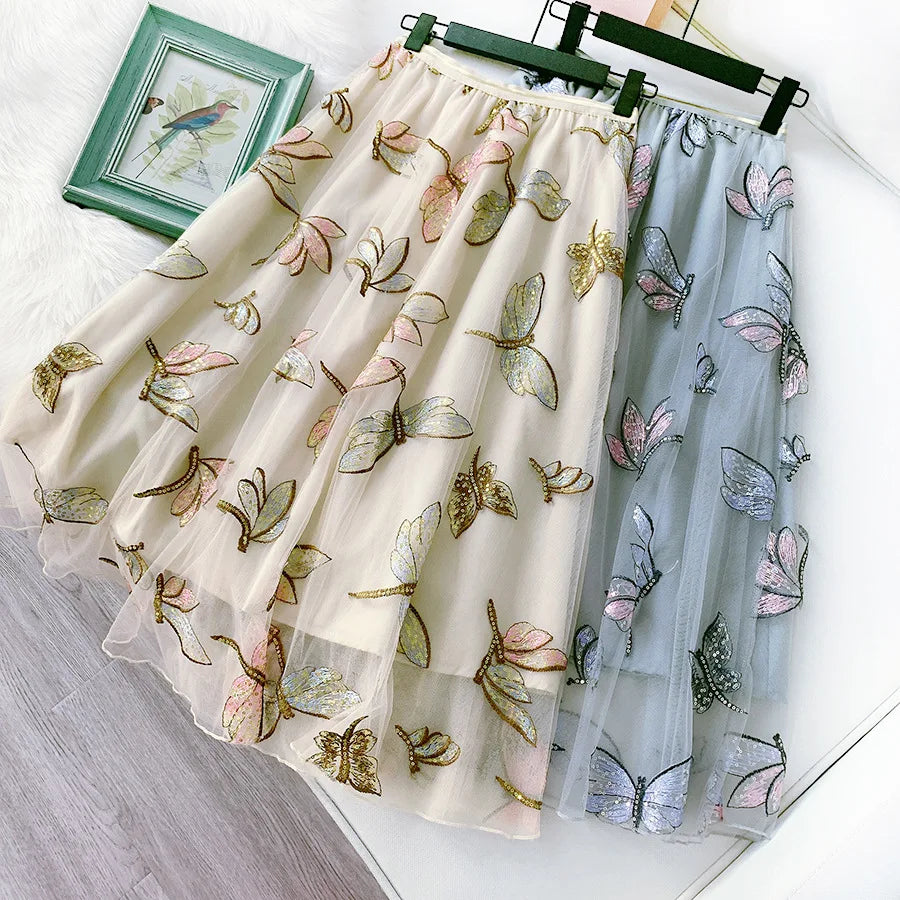 Luxury Sequines Dragonfly Embroidered Tulle Skirts Womens New Summer Fairy Glitter Mesh Skirts High Waist Long Tutu Skirts