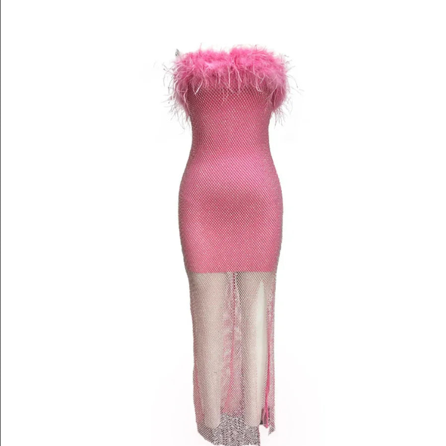Pink Black Color Women Sexy Strapless Diamond Mesh Feathers Bodycon Long Dress Fashion Celebrate Nightclub Party Birthday Dress