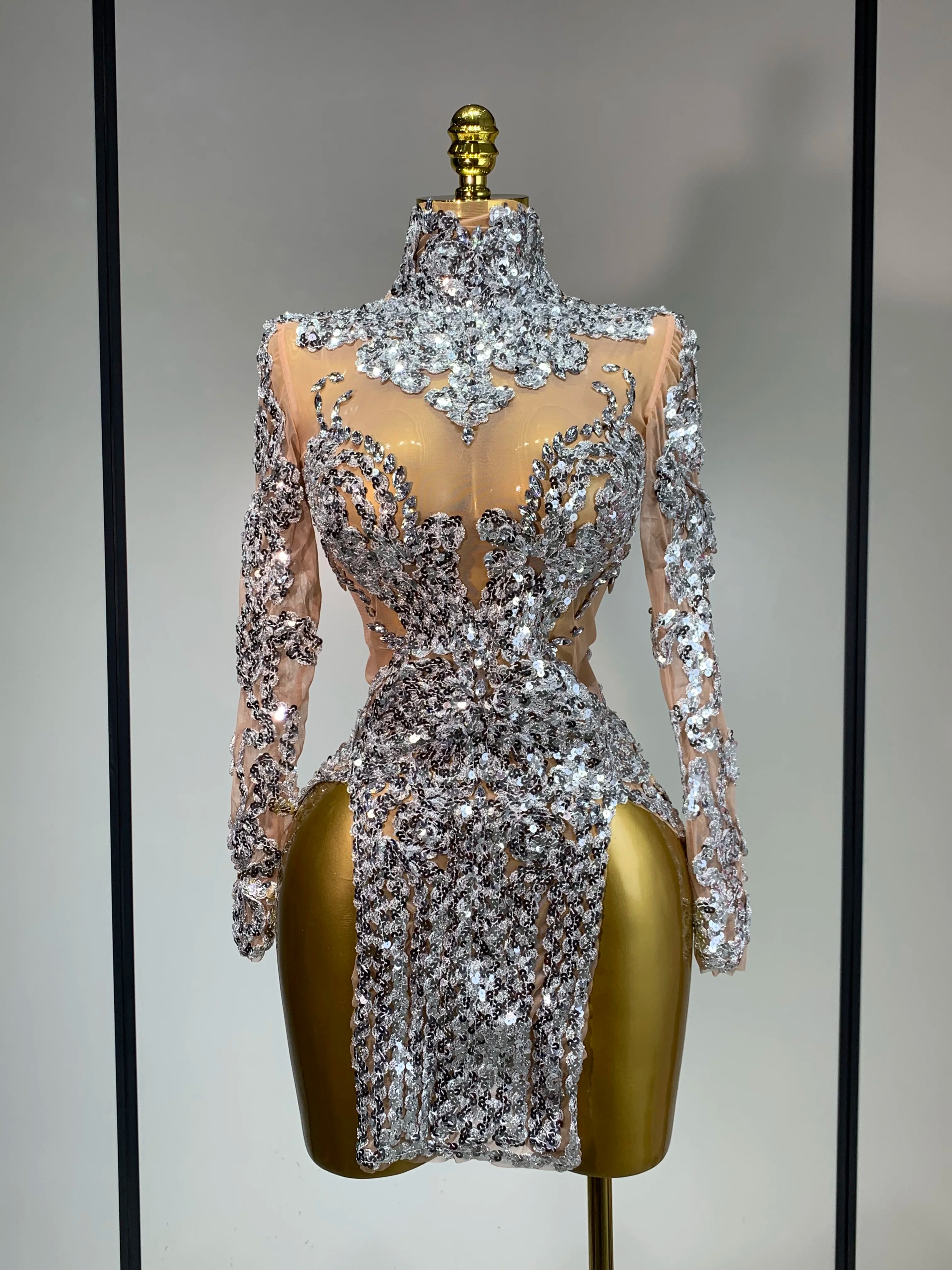 Sparkly Silver Gold Sequins Short Dress Sexy High Slit Women Nightclub Evening Party Dress Birthday Singer Stage Show Outfit