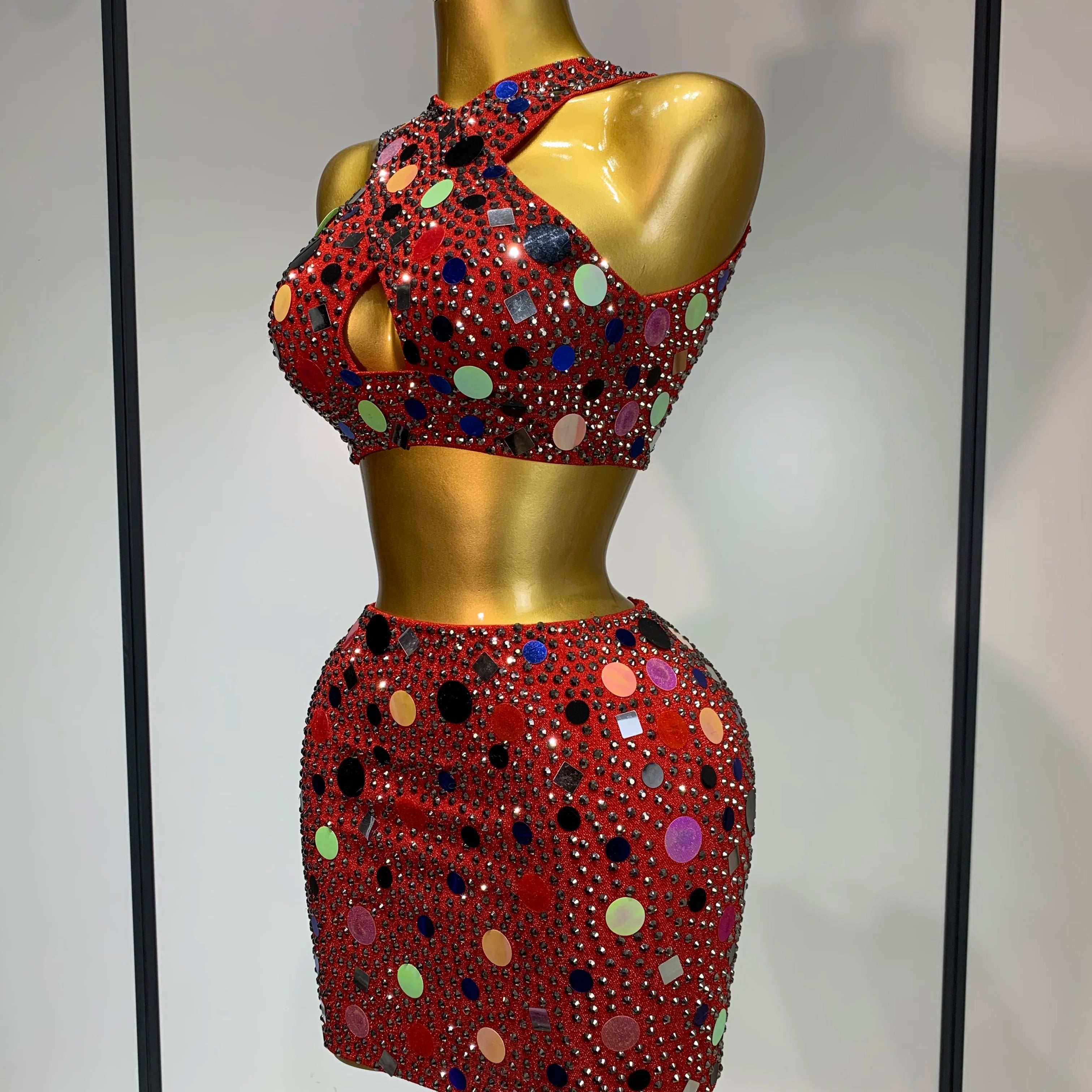 High Quality Luxury Rhinestone Sequin Sexy Two Piece Set 2025 New Fashion Nightclub Sparkly Perform Stage Costume Birthday Dress