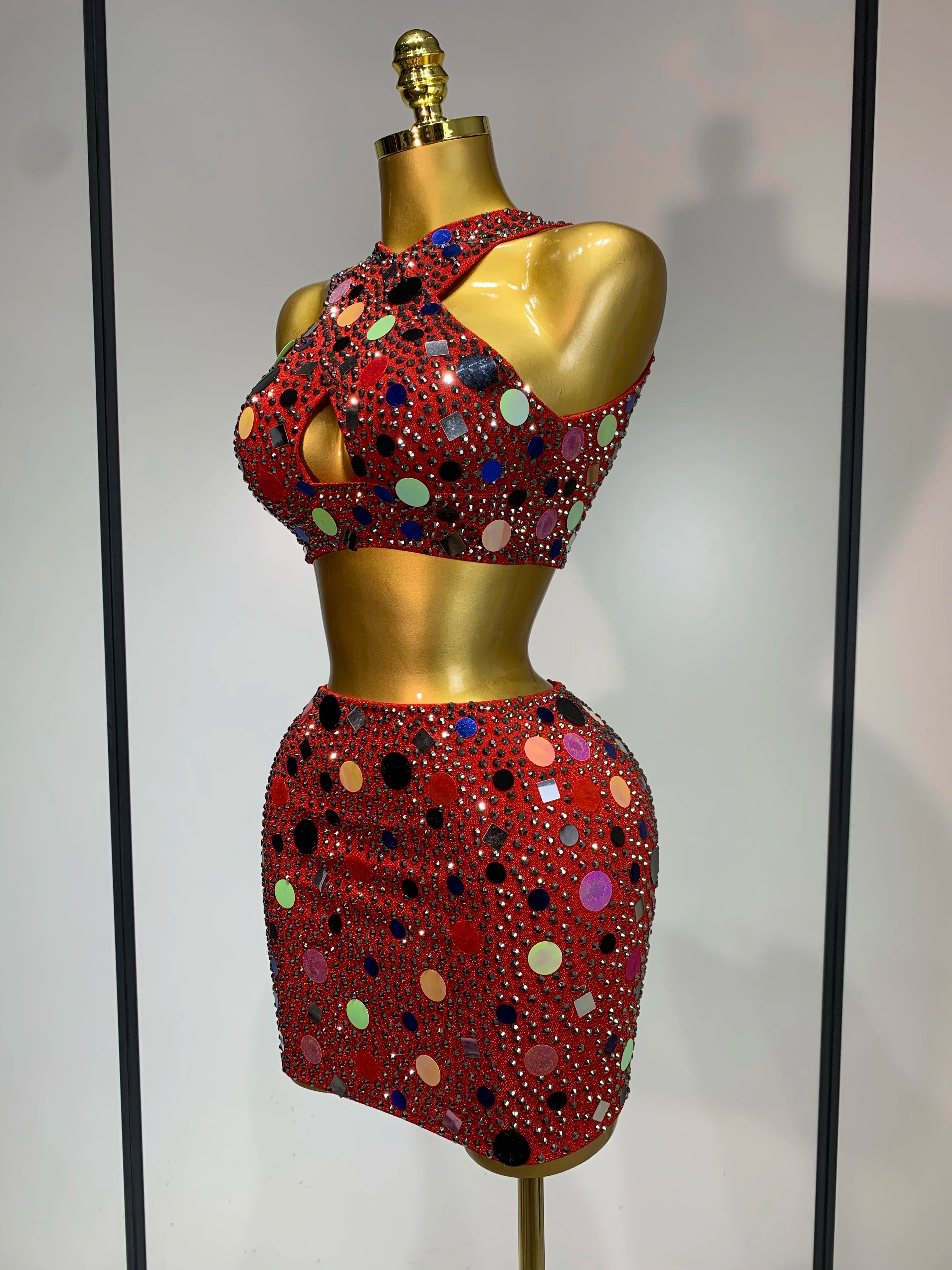 High Quality Luxury Rhinestone Sequin Sexy Two Piece Set 2025 New Fashion Nightclub Sparkly Perform Stage Costume Birthday Dress