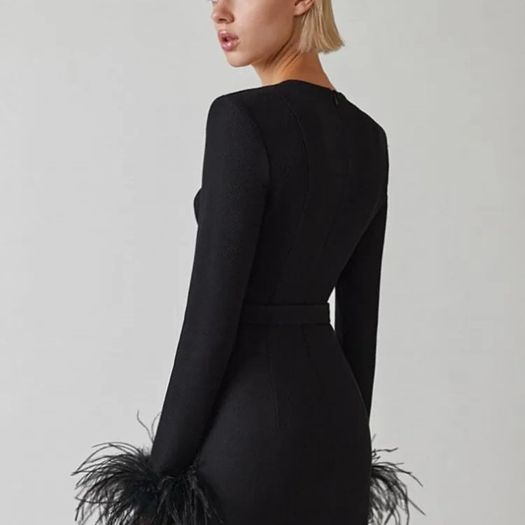Winter Women Long Sleeve Square Collar Bodycon Mini Dress Feathers Rayon Bandage Fashion Elegant Evening Party Dress