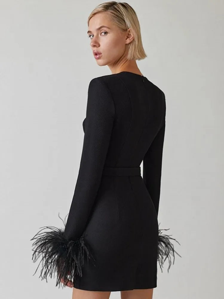 Winter Women Long Sleeve Square Collar Bodycon Mini Dress Feathers Rayon Bandage Fashion Elegant Evening Party Dress