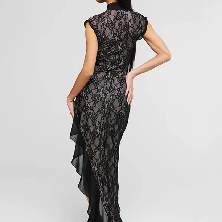 Mesh Lace Ruffled Sexy Maxi Dress For Women Gown Black Hollow Out Sleeveless Thigh High Split Club Long Dress Vestido