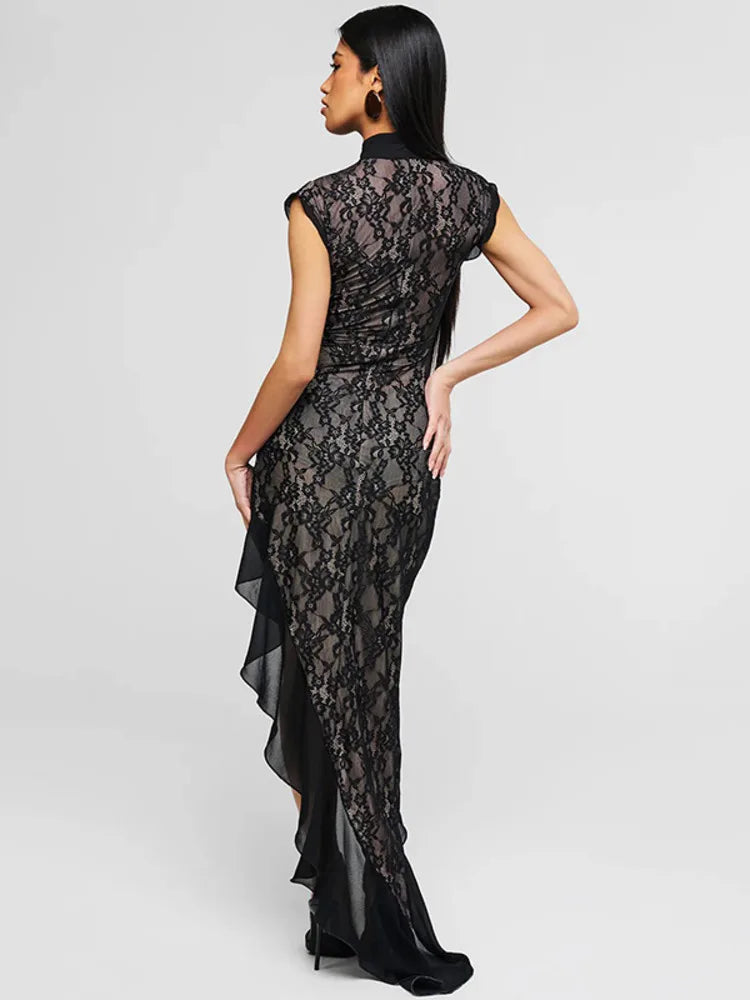 Mesh Lace Ruffled Sexy Maxi Dress For Women Gown Black Hollow Out Sleeveless Thigh High Split Club Long Dress Vestido