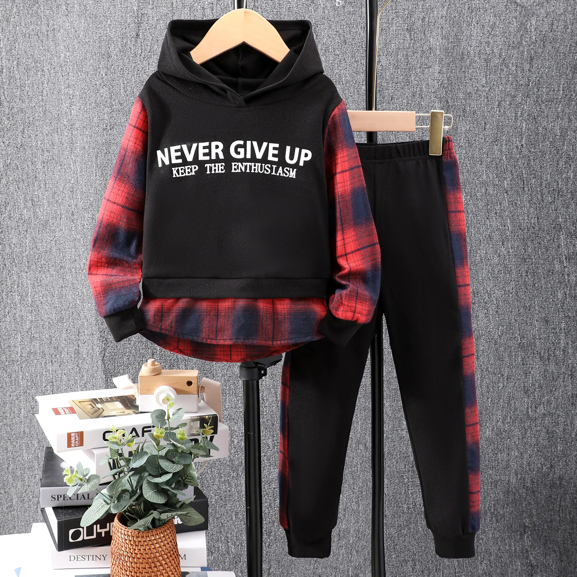 Autumn New Boy Set Long Sleeve Checked Hooded Top+Checked Pants Boys' Set Autumn/Winter Fashion Children's Set TZ23067A-BK