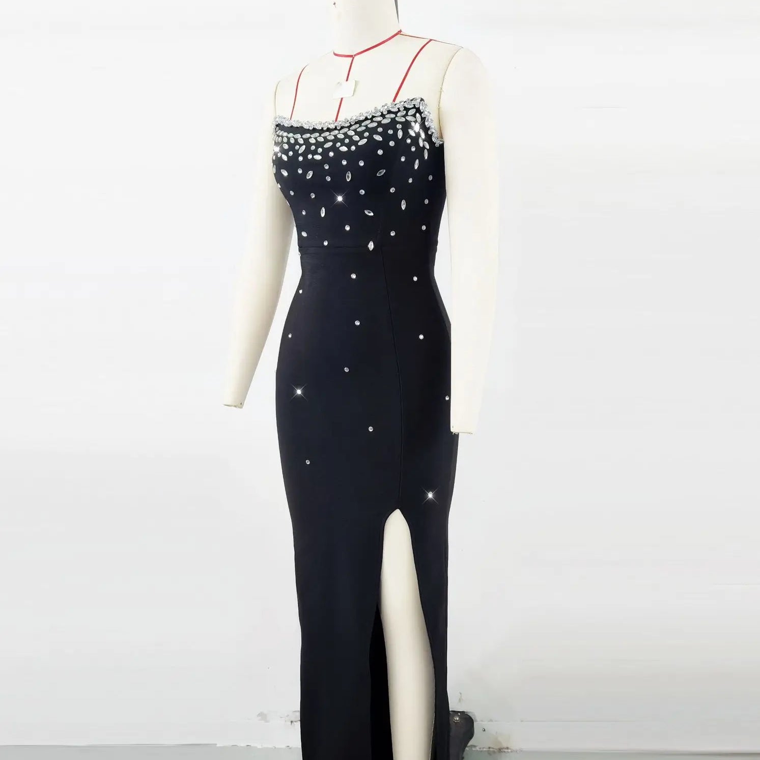 Black Color Women Sexy Shinning Crystal Bodycon Long Bandage Dress Elegant Evening Party Celebrate Birthday Photo Shoot Wear