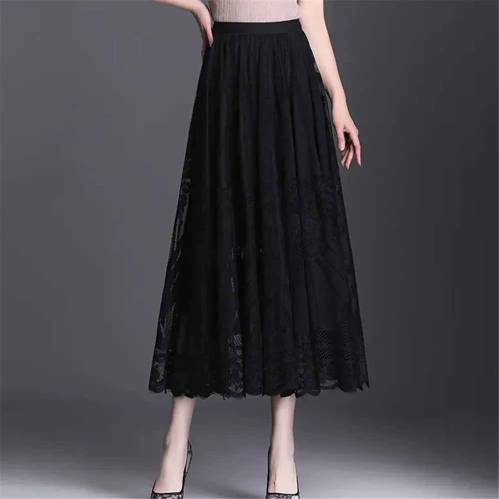 Black Lace Ruffles Tulle Skirt Women'S Autumn Winter New A-Line Long Skirt Office Ladies Big Swing Gauze Hollow Pleated Skirt
