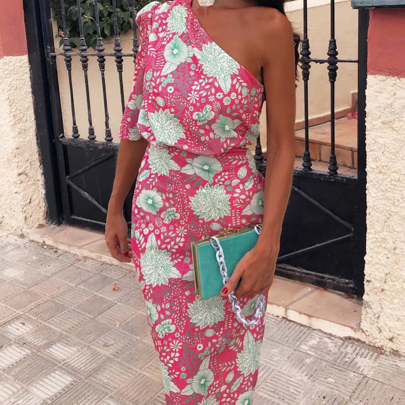 Summer Dress Women Elegant Flower Print Dress Sexy Ladies Fashion Backless Skew Neck One Shoulder Short Sleeve Dresses
